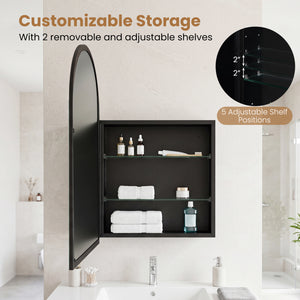 34" x 22" Brushed Metal Wall-Mounted Storage Cabinet with Arched Mirror and Adjustable Shelves-Black