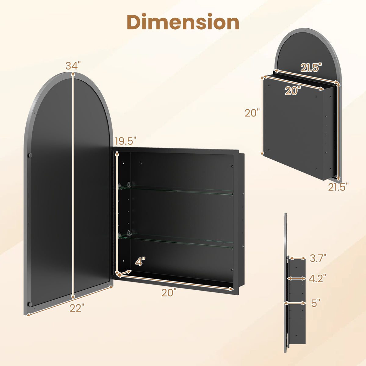 34" x 22" Brushed Metal Wall-Mounted Storage Cabinet with Arched Mirror and Adjustable Shelves-Black