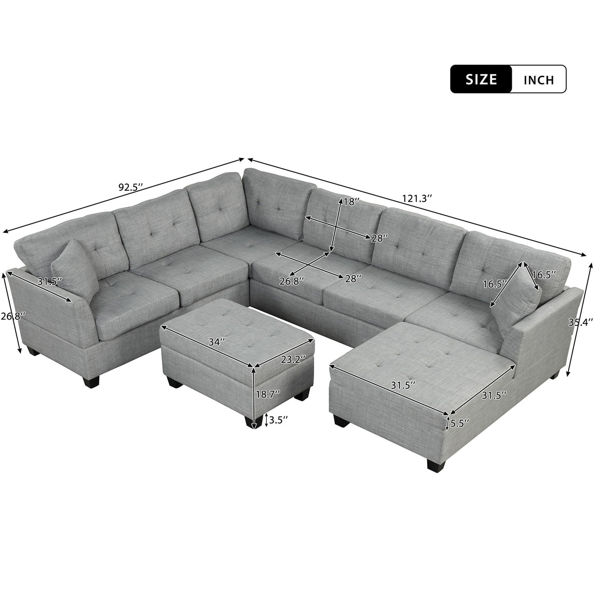 Oversized Sectional Sofa With Storage Ottoman, U-Shaped Sectional Couch With 2 Throw Pillows For Large Space Dorm Apartment by Couch.com
