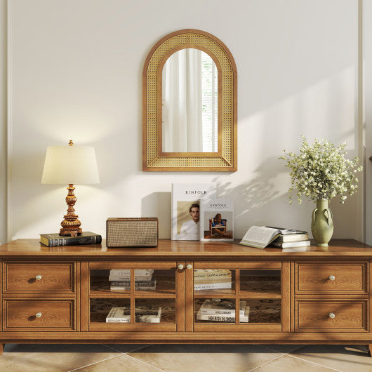 35.5 Inches x 23.5 Inches Rattan Wall Mounted Decorative Mirror with Wooden Frame-Natural