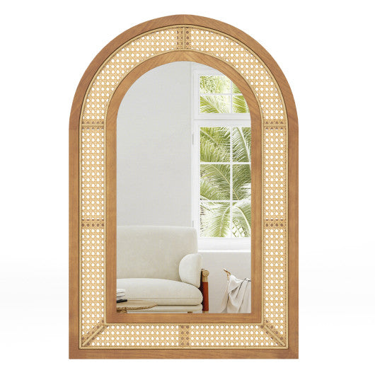 35.5 Inches x 23.5 Inches Rattan Wall Mounted Decorative Mirror with Wooden Frame-Natural