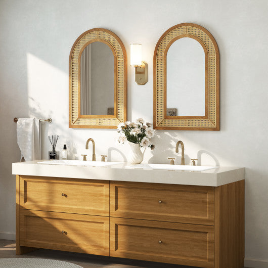 35.5 Inches x 23.5 Inches Rattan Wall Mounted Decorative Mirror with Wooden Frame-Natural