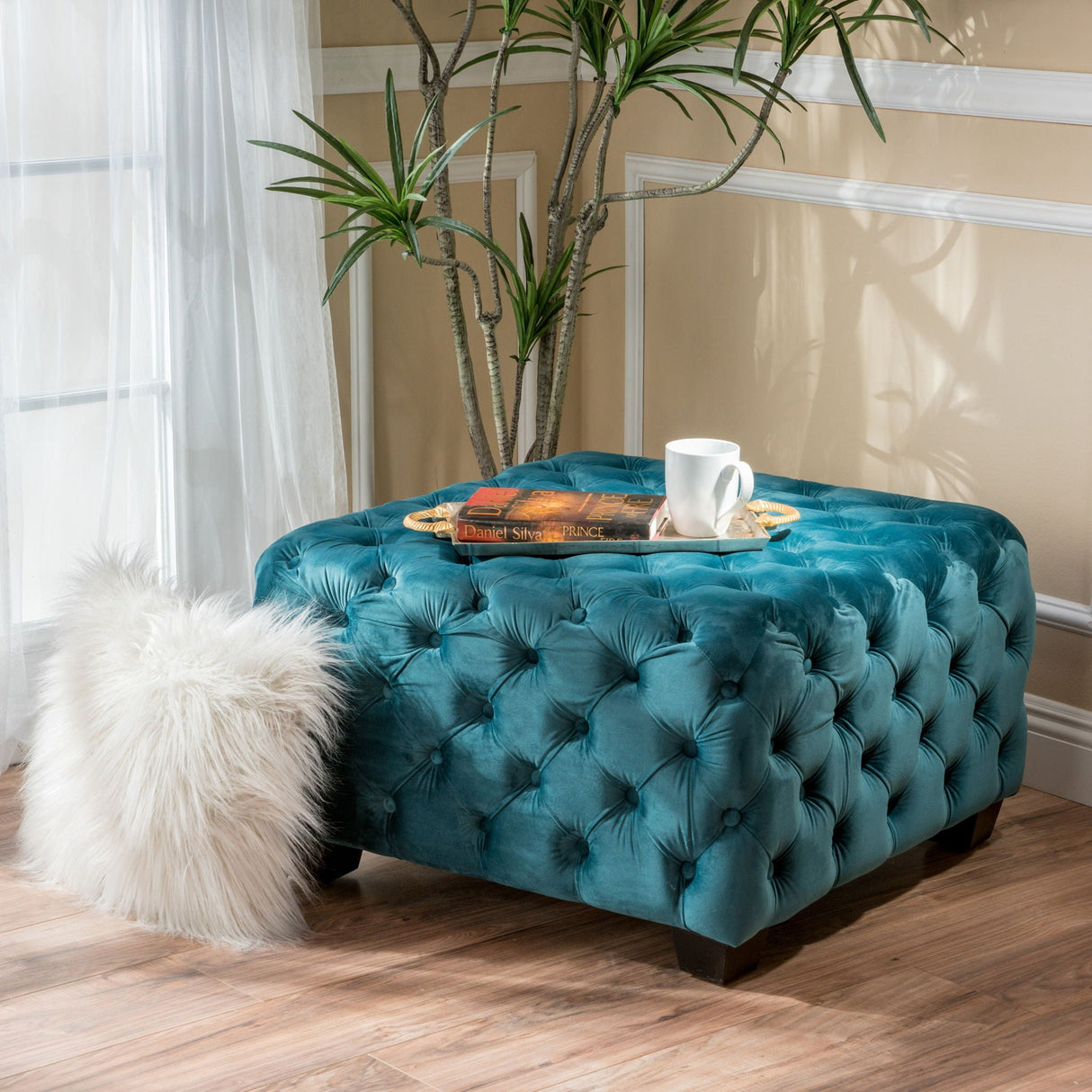 Unwind Upholstered Square Ottoman With Button Tufted Diamond Stitch - Teal by Couch.com