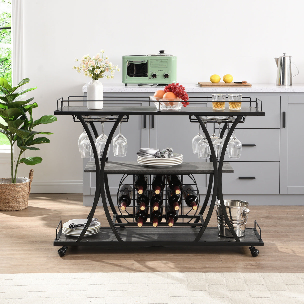 Industrial Bar Cart Kitchen Bar & Serving Cart For Home With Wheels 3 Tier Storage Shelves - Black / Gray by Couch.com
