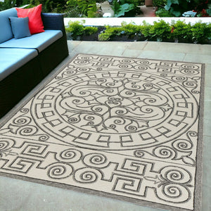 8' X 10' Gray and Ivory Damask Handmade Indoor Outdoor Area Rug