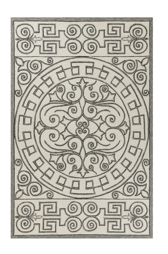 8' X 10' Gray and Ivory Damask Handmade Indoor Outdoor Area Rug