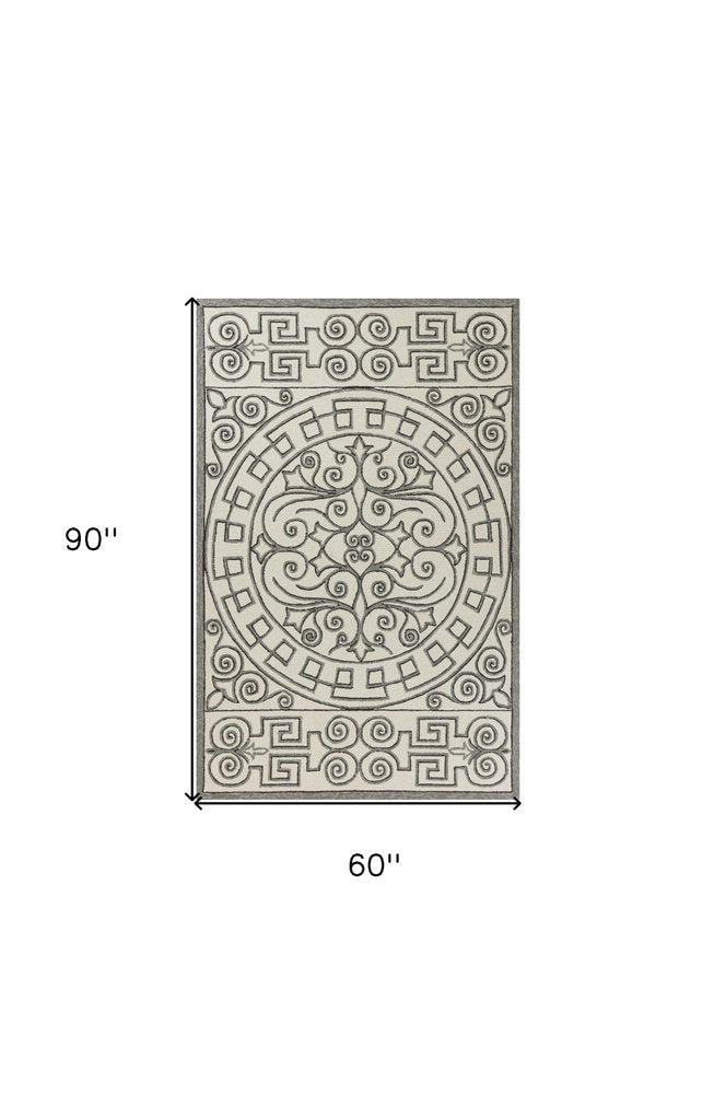 5' X 8' Gray And Ivory Damask Indoor Outdoor Area Rug
