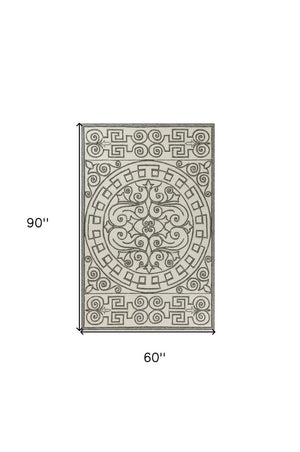 5' X 8' Gray And Ivory Damask Indoor Outdoor Area Rug