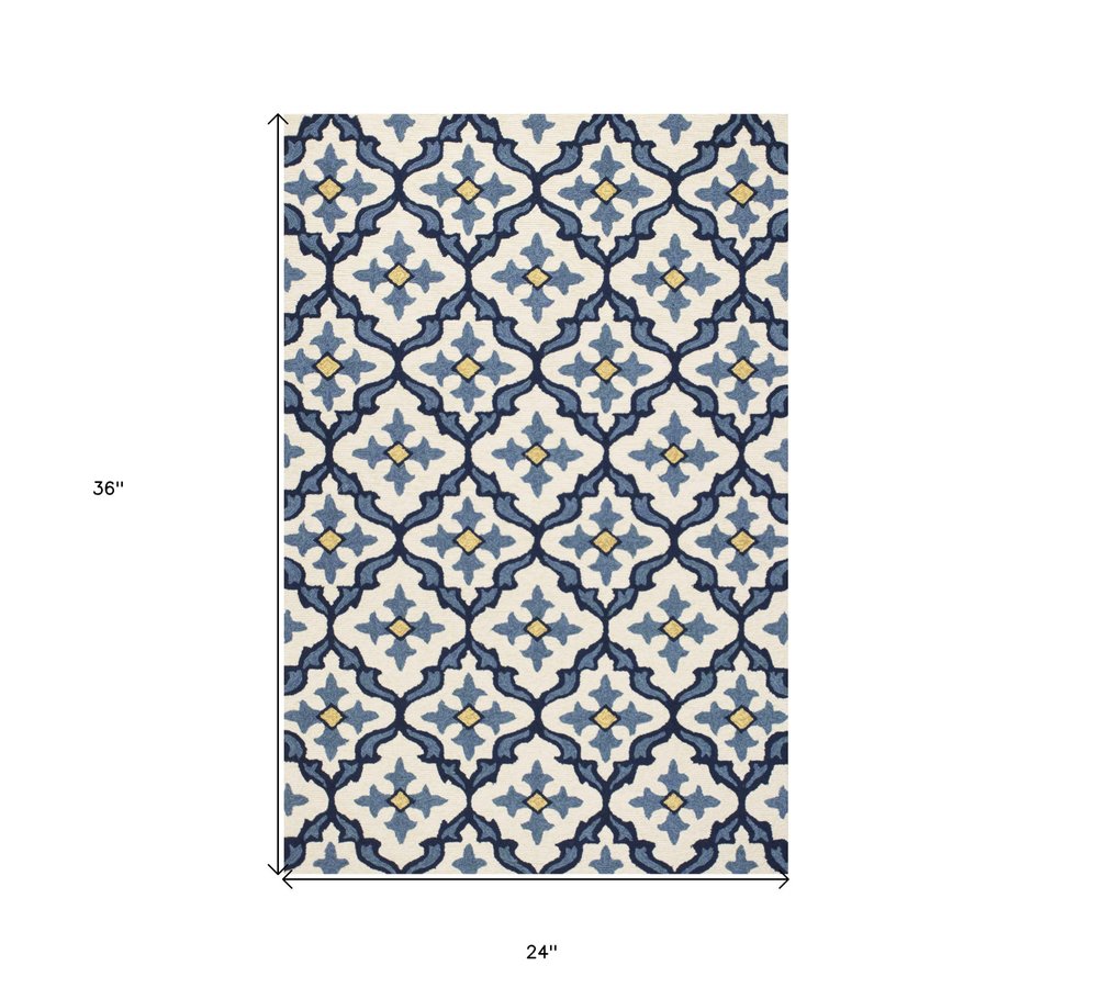 2' X 3' Ivory and Blue Moroccan Handmade Indoor Outdoor Area Rug