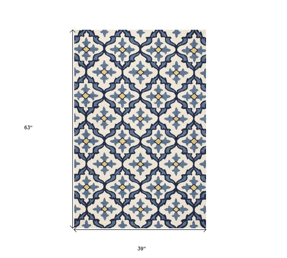 2' X 3' Ivory and Blue Moroccan Handmade Indoor Outdoor Area Rug