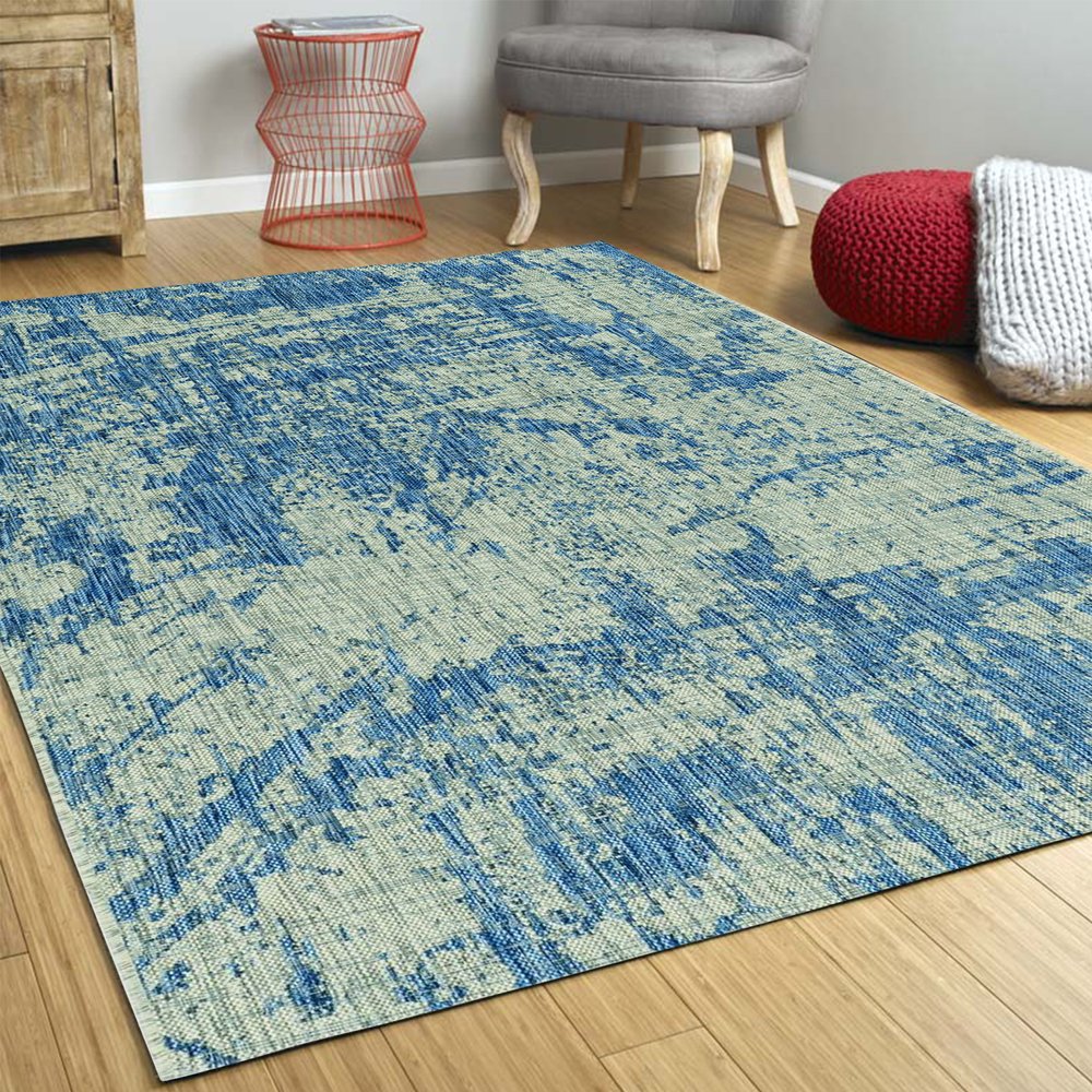 5' X 8' Blue And Green Abstract Indoor Outdoor Area Rug
