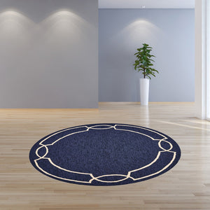 7' Blue And Ivory Round Geometric Handmade Indoor Outdoor Area Rug