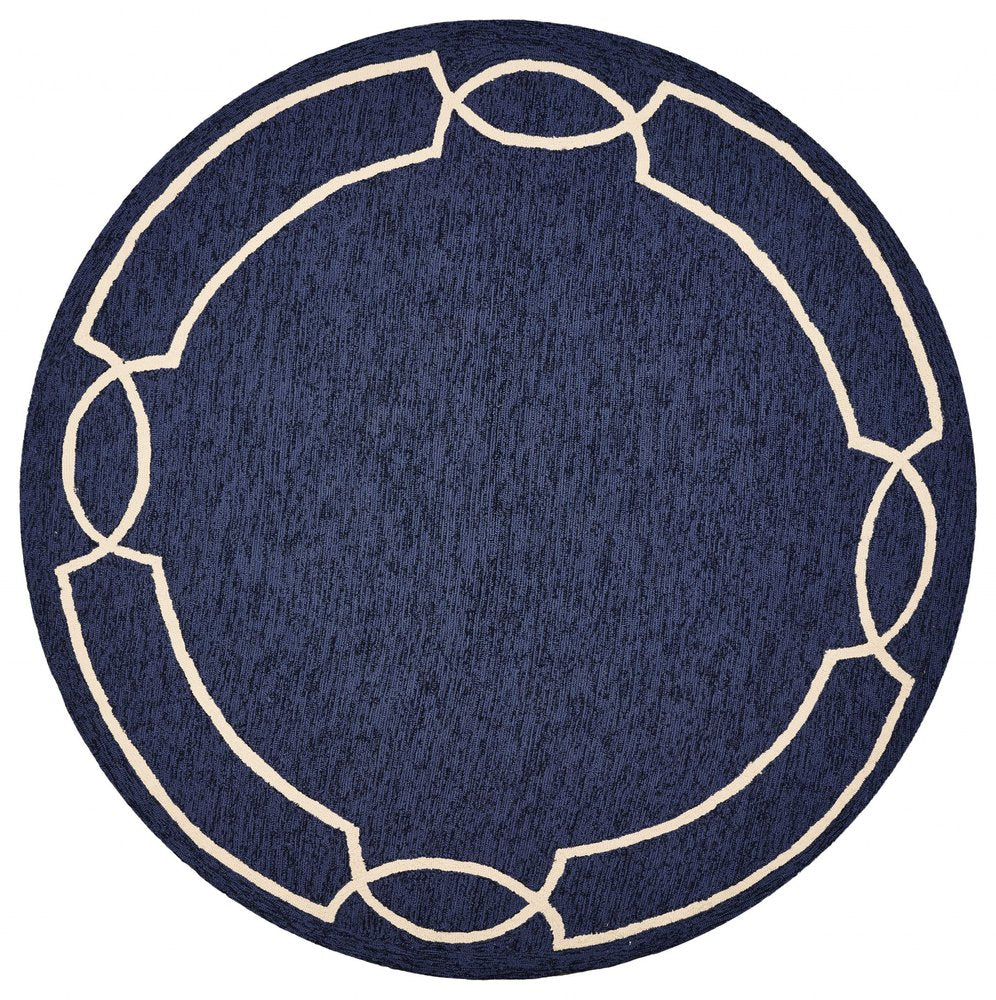 7' Blue And Ivory Round Geometric Handmade Indoor Outdoor Area Rug