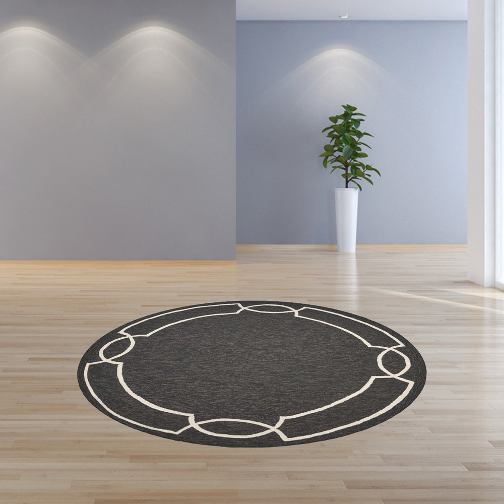 7' Onyx And Ivory Round Geometric Handmade Indoor Outdoor Area Rug