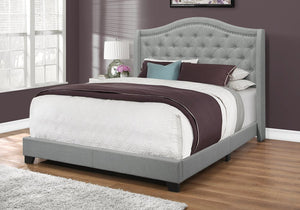 Solid Wood Queen Tufted Gray Upholstered Linen Bed With Nailhead Trim