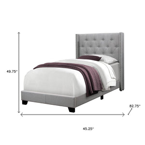 Gray Solid Wood Twin Tufted Upholstered Linen Bed Frame with Nailhead Trim