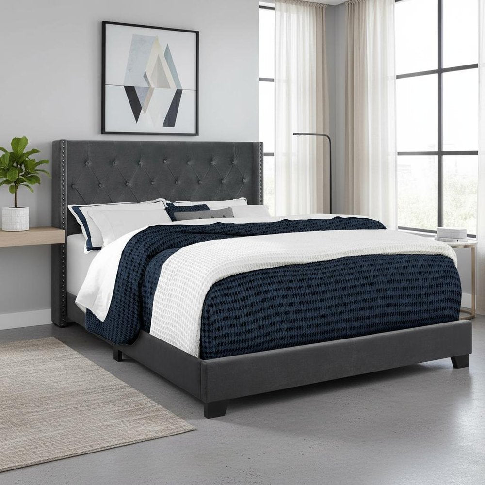 Black And Dark Gray Upholstered Queen Bed Frame With Nailhead Trim