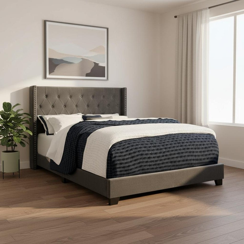 Black And Dark Gray Upholstered Queen Bed Frame With Nailhead Trim