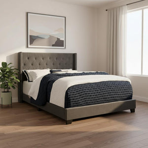 Black And Dark Gray Upholstered Queen Bed Frame With Nailhead Trim