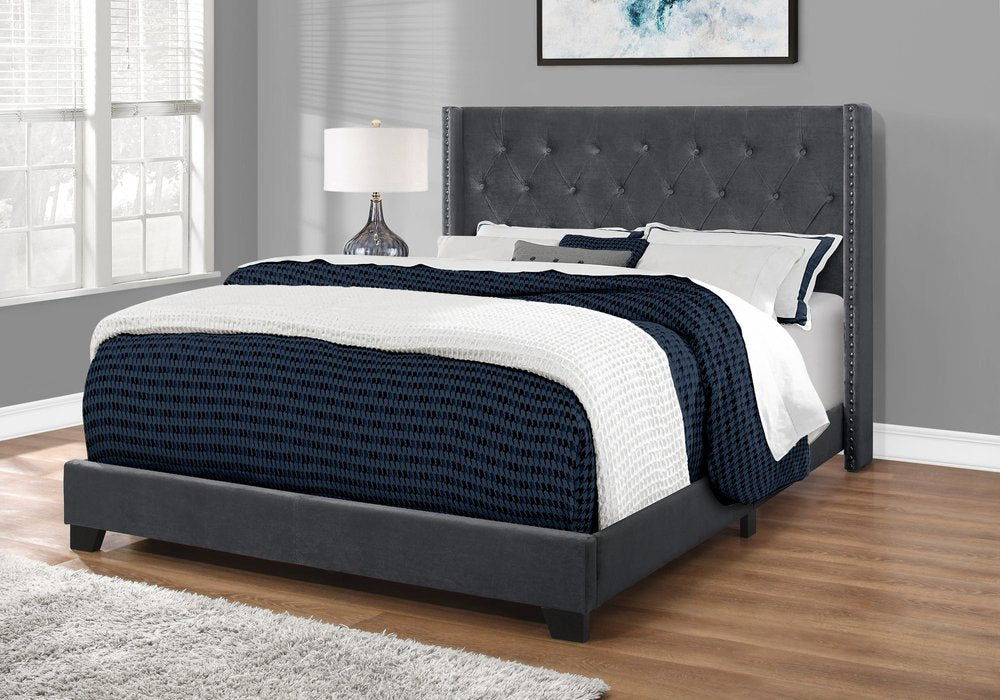 Solid Wood Queen Tufted Gray Upholstered Velvet Bed With Nailhead Trim