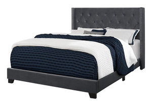 Black And Dark Gray Upholstered Queen Bed Frame With Nailhead Trim