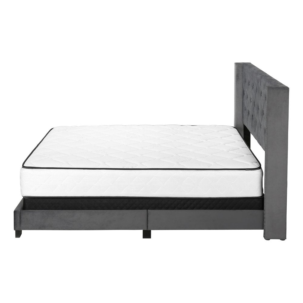 Solid Wood Queen Tufted Gray Upholstered Velvet Bed With Nailhead Trim