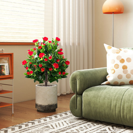 31 Inches Artificial Camellia Tree Set 2 Pack Fake Flower Trees-Green