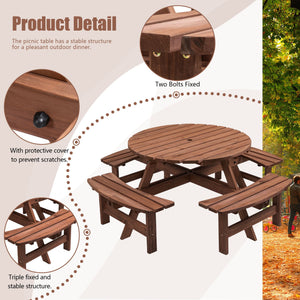 8 Person Wooden Picnic Table, Outdoor Camping Dining Table With Seat, Garden, Diy With 4 Built-In Benches, 2220Lb Capacity by Couch.com