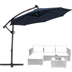 10 ft 360 ° Rotation Solar Powered LED Patio Offset Umbrella without Weight Base-Navy