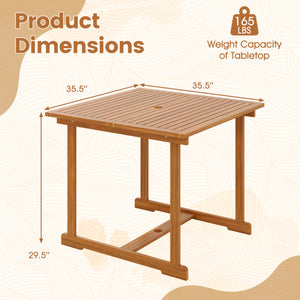 35.5" Acacia Wood Outdoor Dining Table with Umbrella Hole and Reinforced Crossbar for 4