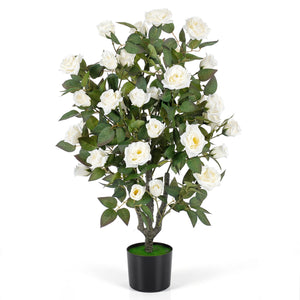 35.5" Artificial Rose Tree with Blooming Flowers and Green Leaves for Indoor-White
