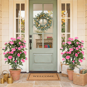 35.5" Artificial Rose Tree with Blooming Flowers and Green Leaves for Indoor-Pink