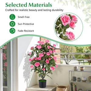 35.5" Artificial Rose Tree with Blooming Flowers and Green Leaves for Indoor-Pink