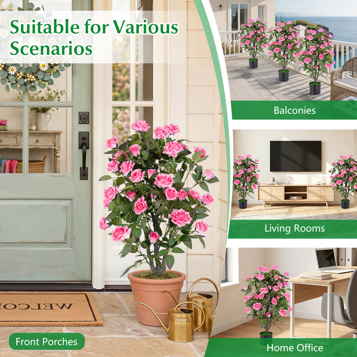 35.5" Artificial Rose Tree with Blooming Flowers and Green Leaves for Indoor-Pink