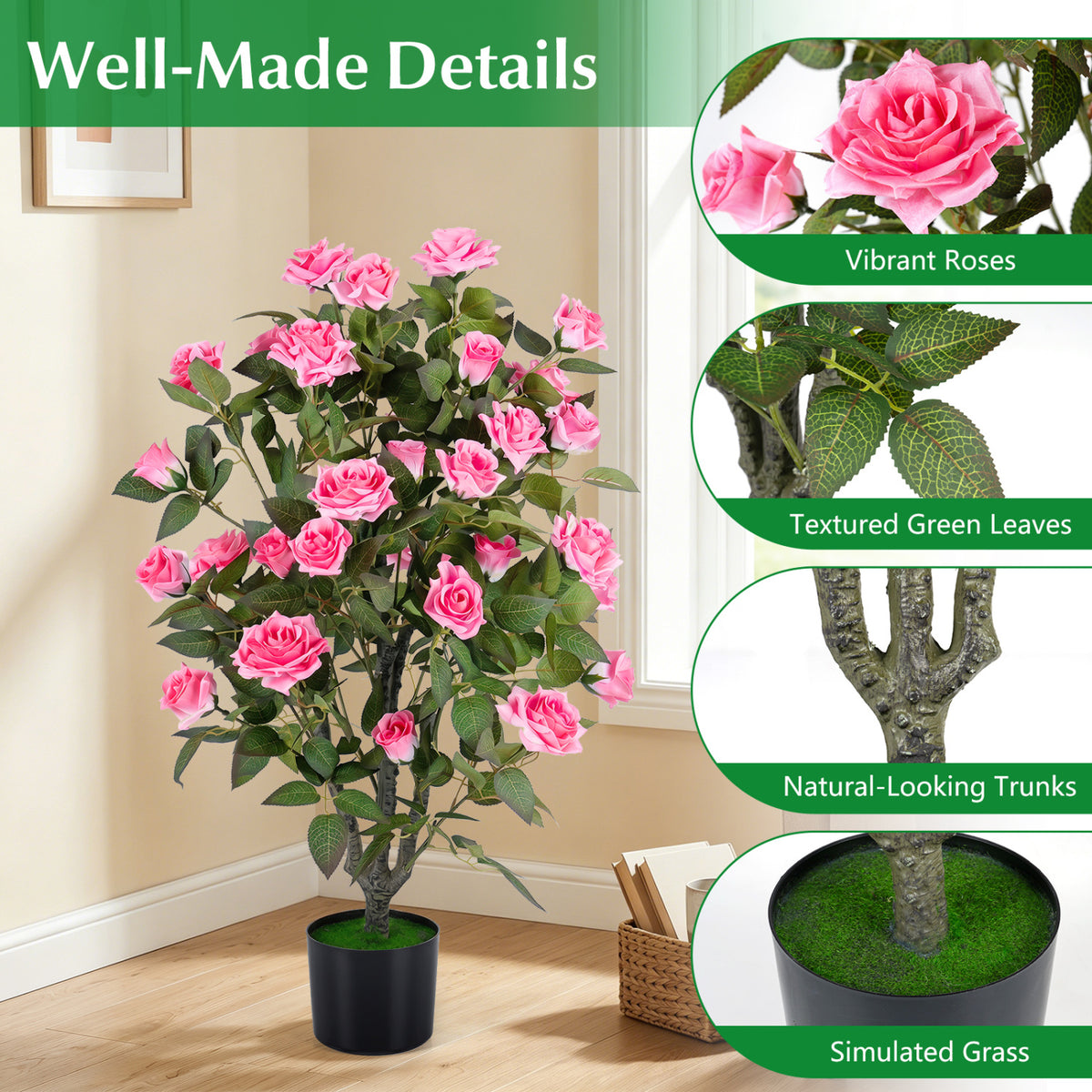 35.5" Artificial Rose Tree with Blooming Flowers and Green Leaves for Indoor-Pink