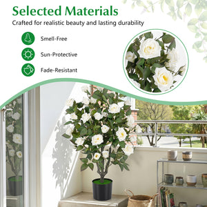 35.5" Artificial Rose Tree with Blooming Flowers and Green Leaves for Indoor-White