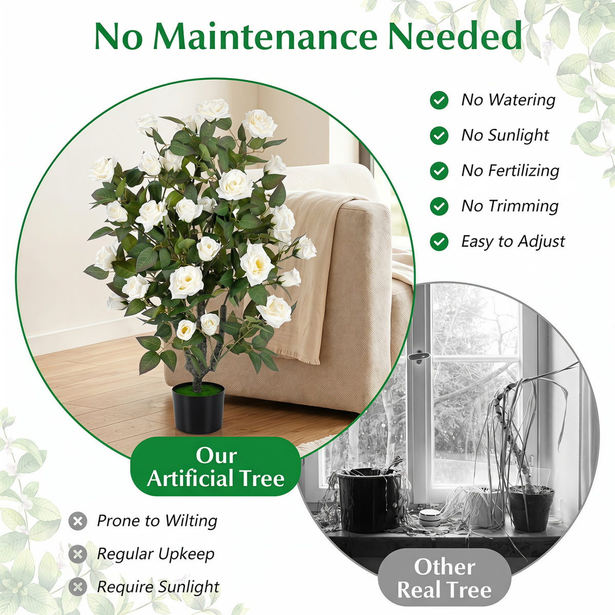 35.5" Artificial Rose Tree with Blooming Flowers and Green Leaves for Indoor-White
