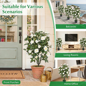 35.5" Artificial Rose Tree with Blooming Flowers and Green Leaves for Indoor-White
