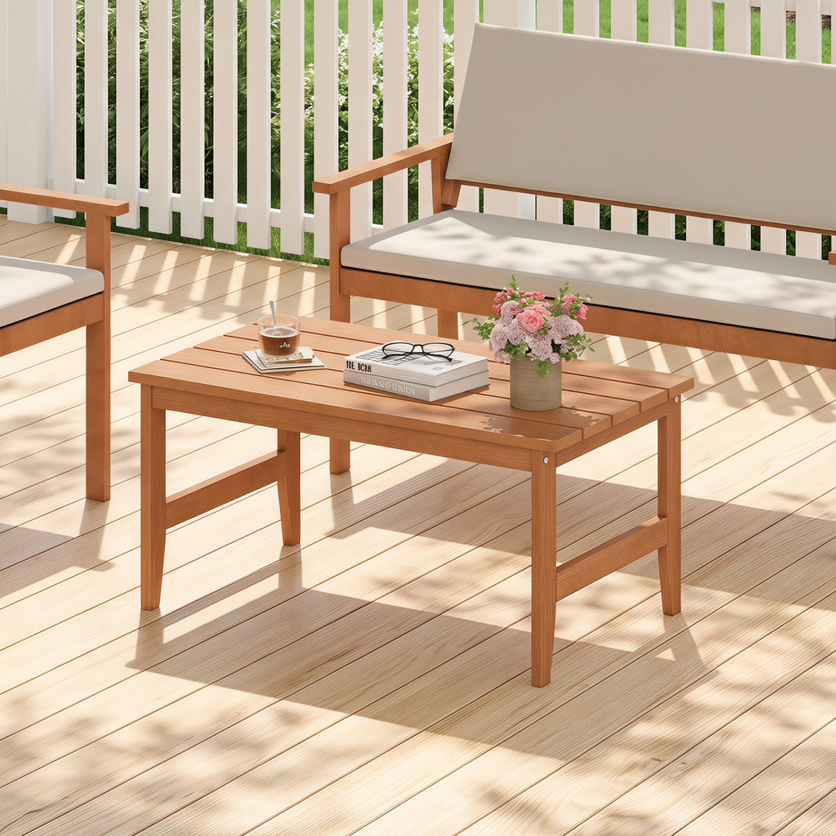 35.5" Solid Wood Outdoor Coffee Table with Rectangular Slatted Top and Teak Finish