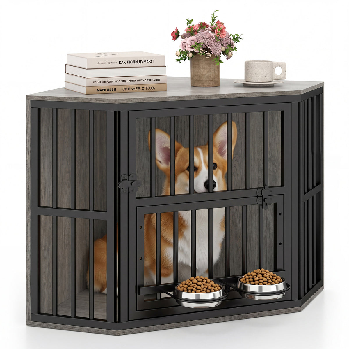 35.5 inches Wooden Dog Kennel End Table with 3-Position Dog Bowl Rack-Oak