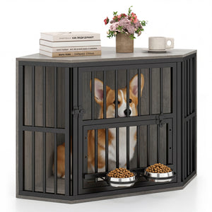 35.5 inches Wooden Dog Kennel End Table with 3-Position Dog Bowl Rack-Oak