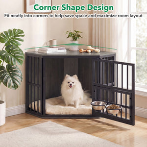 35.5 inches Wooden Dog Kennel End Table with 3-Position Dog Bowl Rack-Oak
