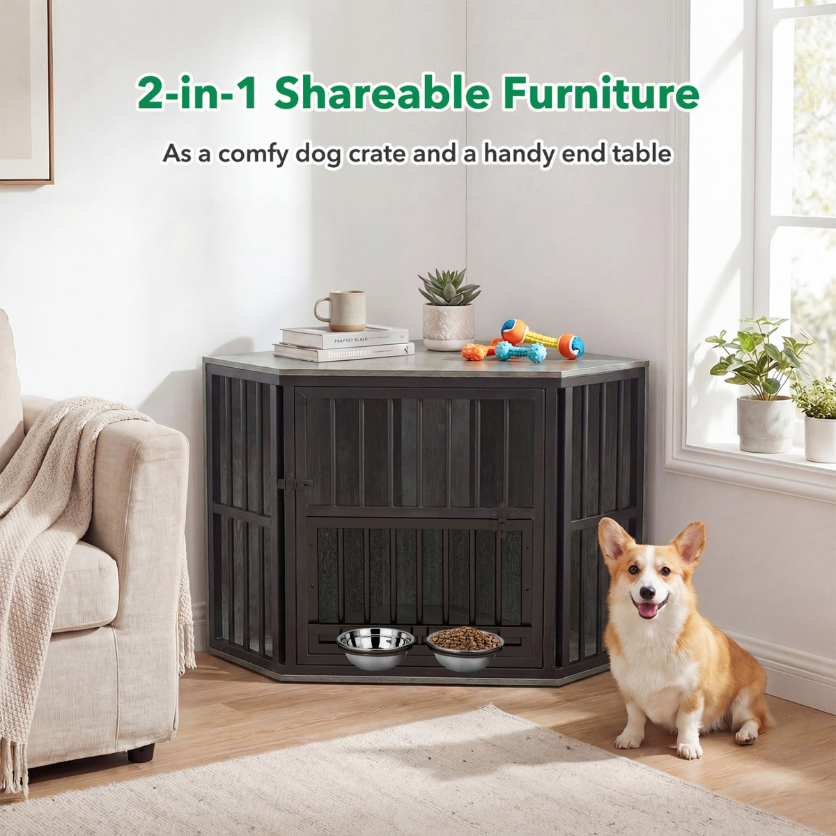 35.5 inches Wooden Dog Kennel End Table with 3-Position Dog Bowl Rack-Oak