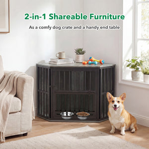 35.5 inches Wooden Dog Kennel End Table with 3-Position Dog Bowl Rack-Oak