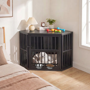 35.5 inches Wooden Dog Kennel End Table with 3-Position Dog Bowl Rack-Oak