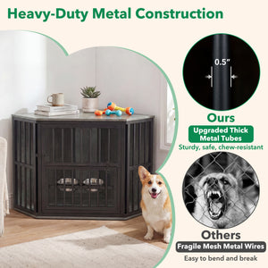 35.5 inches Wooden Dog Kennel End Table with 3-Position Dog Bowl Rack-Oak