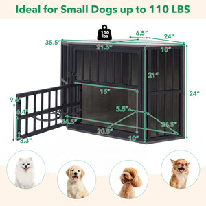 35.5 inches Wooden Dog Kennel End Table with 3-Position Dog Bowl Rack-Oak