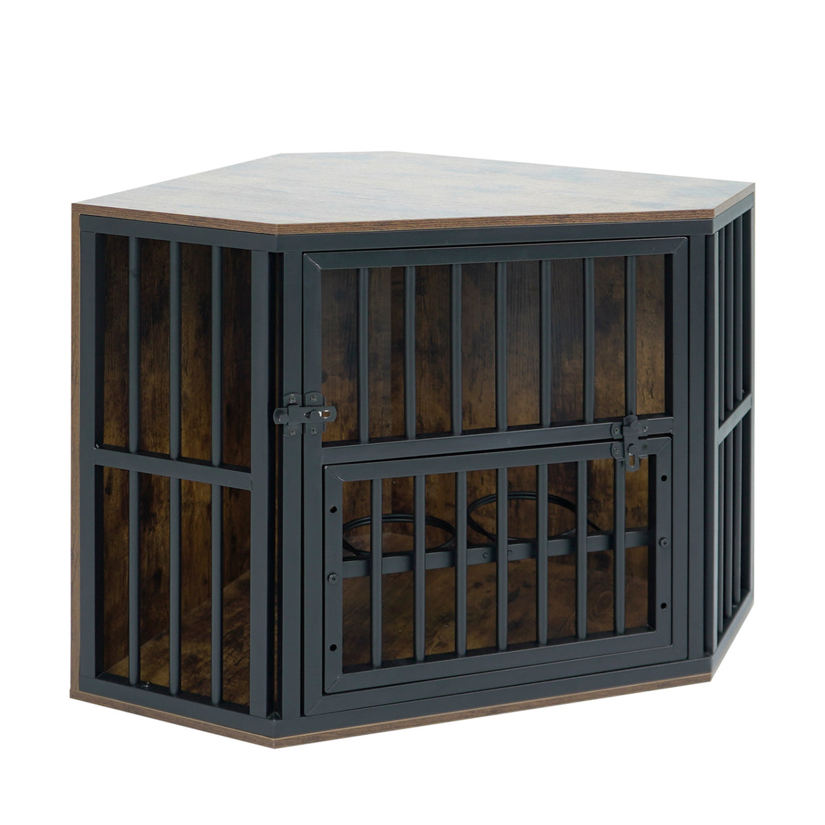 35.5 inches Wooden Dog Kennel End Table with 3-Position Dog Bowl Rack-Rustic Brown