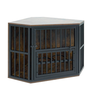 35.5 inches Wooden Dog Kennel End Table with 3-Position Dog Bowl Rack-Rustic Brown