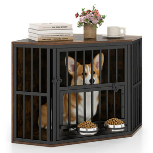 35.5 inches Wooden Dog Kennel End Table with 3-Position Dog Bowl Rack-Rustic Brown